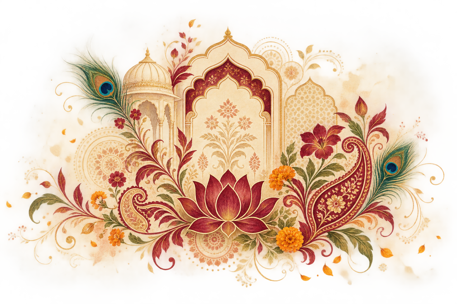 Indian lotus, jaali arches, paisley and peacock-feather ornament on warm cream